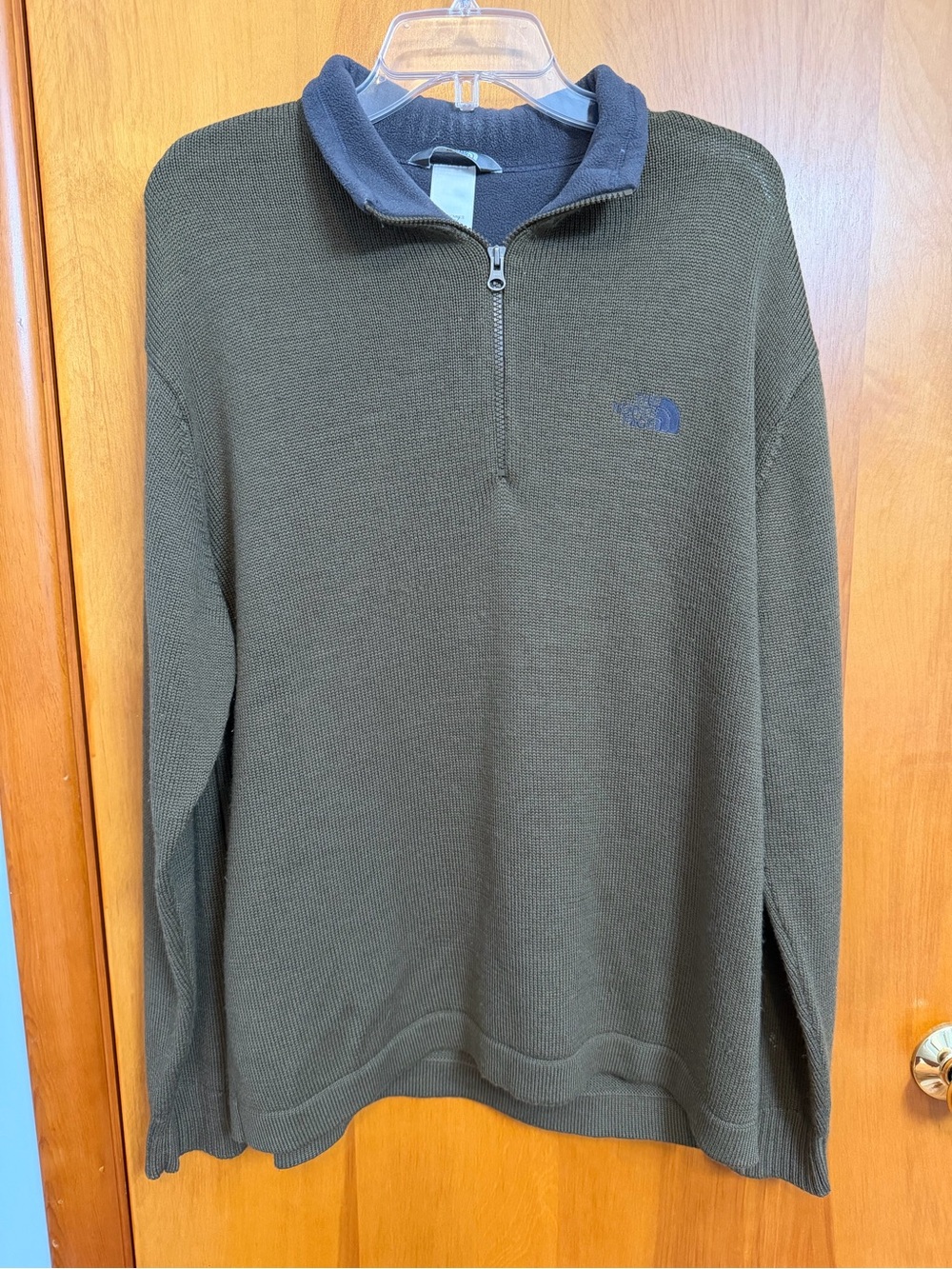 The North Face Men's Olive Green Half-Zip Sweater with Navy Trim